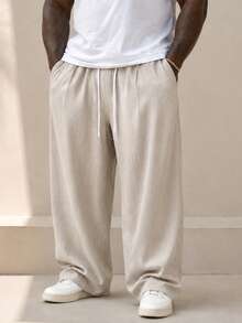 Men Plus Size Autumn Long Sleeve Wide Leg Pants, Solid Color Drawstring Design Casual - Beige - View 6