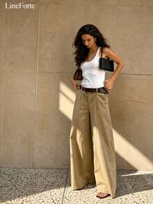 Women's Long Wide Leg Woven Pants, Knot Design, Non-Stretch, Commute Autumn - Khaki - View 6