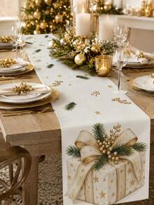 Christmas Table Runner, Throw Pillow, Placemat, Vintage Gold Star Gift Box Bow Pine Branch Berry Print, Kitchen Dining Room Holiday Tabletop Decor - Multicolor - View 1