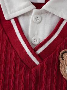 Newborn Baby Boy Fashion Patchwork Striped Ribbed Embroidered Bear Applique Basic Polo Collar Front Opening Long Sleeve Bodysuit, Suitable For Daily Wear And Outings - Red - View 5