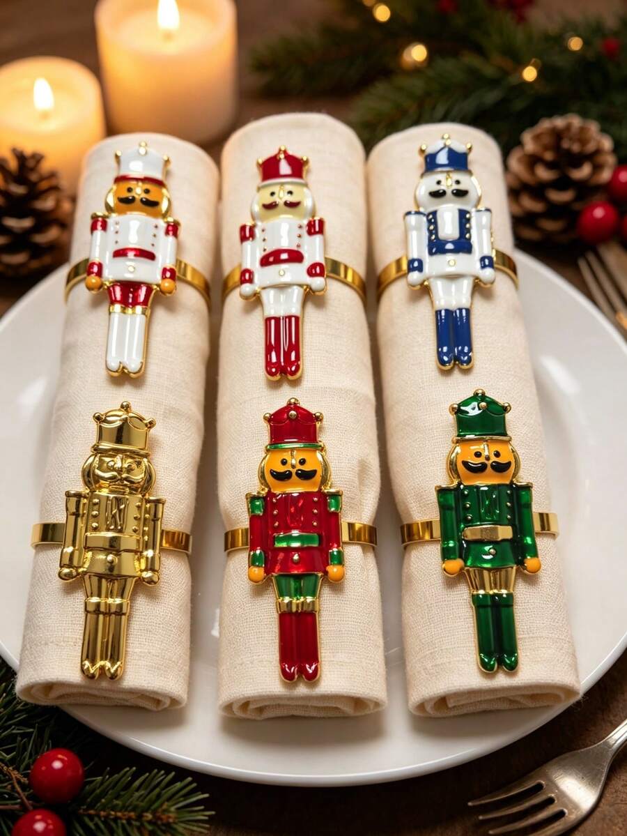 12pcs/6PCS Christmas Nutcracker Soldier Napkin Rings, Full Set Of 6 Metal Nutcracker Napkin Buckles, Christmas Table Napkin Ring Decoration Set With Painted Rhinestone Napkin Rings, Holiday Party Table Decoration Napkin Cloth Rings, Home Decor, Christmas Restaurant Table Setting Decoration, Hotel Tabletop Decoration Supplies - Multicolor - View 1