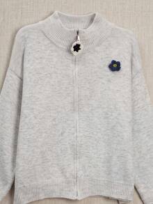 Spring New Women's Korean Style Minimalist Stand Collar Zipper Cardigan Sweater With Daisy Embroidery, Versatile - Grey - View 8