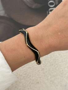 Vintage Black & Gold Enamel Bracelet Set, French Palace Style Drip Oil Open Cuff, Layered Stackable Atmospheric Jewelry - Multicolor - View 10