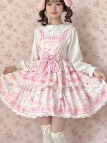 1pc Lolita Style Cute Pink Rabbit Design Cami Dress Fall - Multicolor - View 5