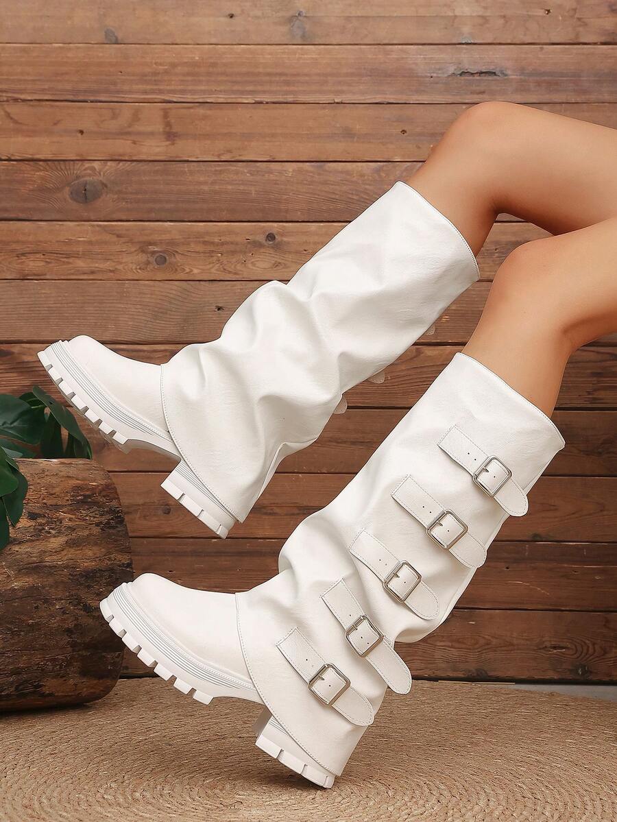 Women's Loose Ruched Stacked Boots With Multiple Buckle Design, Thick Sole Height-Increasing Riding Boots, White Retro Tall Boots - White - View 1