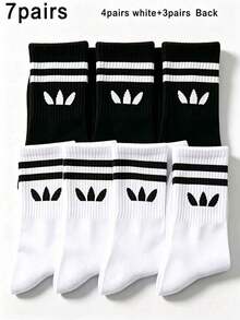 2/5/7/10/20 Pasang Kaos Kaki Unisex Musim Semi/Panas Minimalis Warna Polos Garis Ganda Setengah Betis, Nyaman dan Bernapas, Pas di Badan, Warna Hitam & Putih Klasik - Hitam dan Putih - View 3