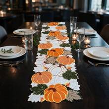 Winter Thanksgiving Pumpkin & Maple Leaf Applique Hollow Embroidery Tablecloth Table Runner For Home Party Dining Table Coffee Table TV Stand Shoe Cabinet Dresser Decor To Enhance Holiday Atmosphere - Orange - View 1