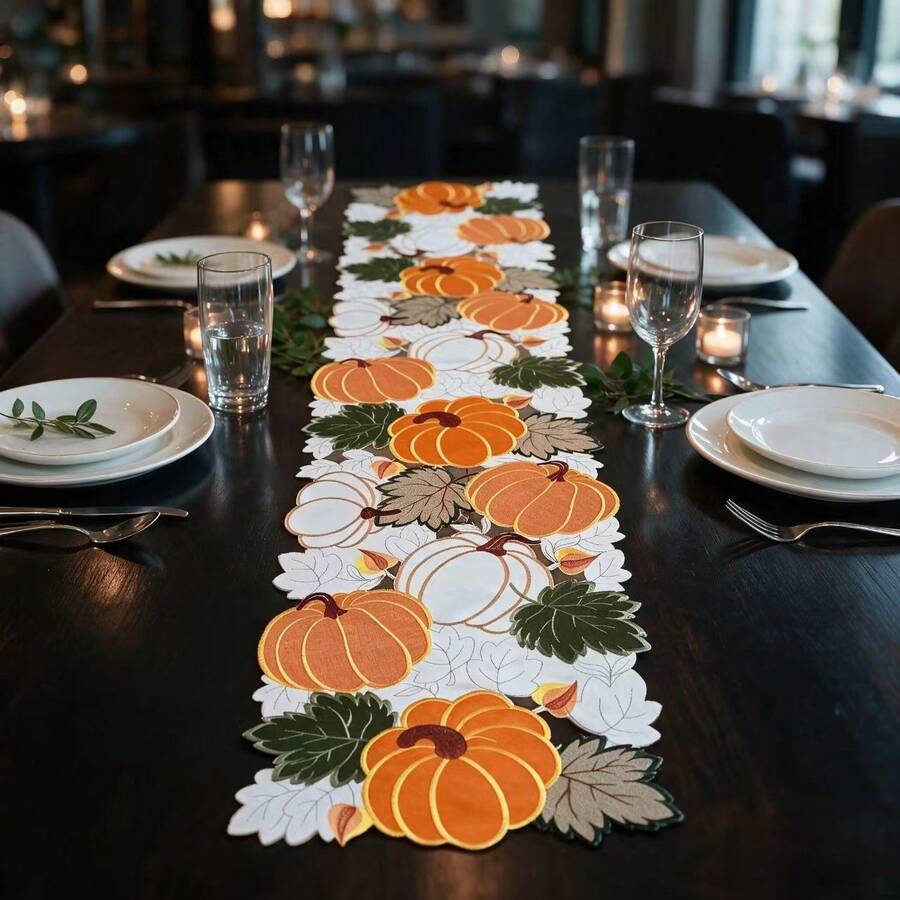 Winter Thanksgiving Pumpkin & Maple Leaf Applique Hollow Embroidery Tablecloth Table Runner For Home Party Dining Table Coffee Table TV Stand Shoe Cabinet Dresser Decor To Enhance Holiday Atmosphere - Orange - View 1