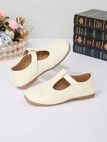 1 Pair Beige Girls' Slip-On Shoes, Non-Slip Flat Sole, Fashionable Minimalist Shiny Solid Color Elegant Campus Shoes, PU Material, Hook And Loop Closure, Round Toe Design, Suitable For Campus, All Seasons, Daily Wear And Formal Occasions - Beige - View 1