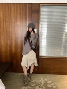 Women's New Autumn Loose Drop Shoulder Casual American Vintage Top - Grey - View 9