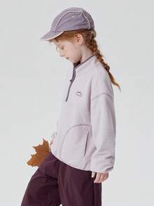 mini bala Autumn Winter Unisex Young Girl Half‑Zip Sweatshirt Check Jacquard Fleece Stand Collar Cool Mountain‑Style Top - Pink - View 3