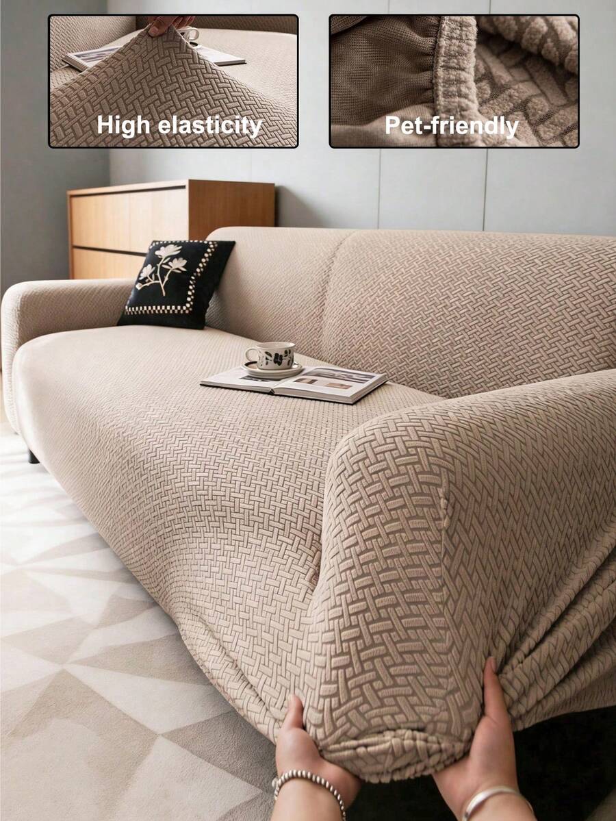 1 pieza Funda de sofá 3D, Funda protectora de sofá multifuncional de cubierta completa, Diseño de patrón geométrico de unicolor para decoración de sofá de vacaciones, Funda de sofá ajustada de una sola pieza con gran elasticidad, Adecuada para todas las estaciones - Marrón - Ver 1