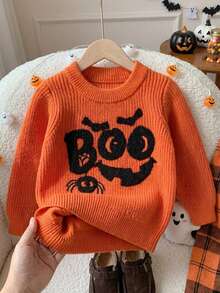 Boys Cute Solid Color Ghost Embroidery Knit Pullover Sweater, Suitable For Halloween, Daily Wear, Vacation, Spring, Autumn, Winter - Orange - View 1