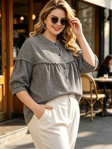 Plus Size Women's Plaid Ruffle Trim Short Sleeve Blouse, Loose Casual Fit - Black - View 4
