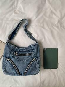 Washed Distressed Denim Crossbody Bag For Women, Multi-Zipper Pockets Large Capacity Vintage Hobo Utility Style Bag, Can Fit Tablet, Umbrella, Cosmetics And Other Daily Essentials. - Baby Blue - View 8