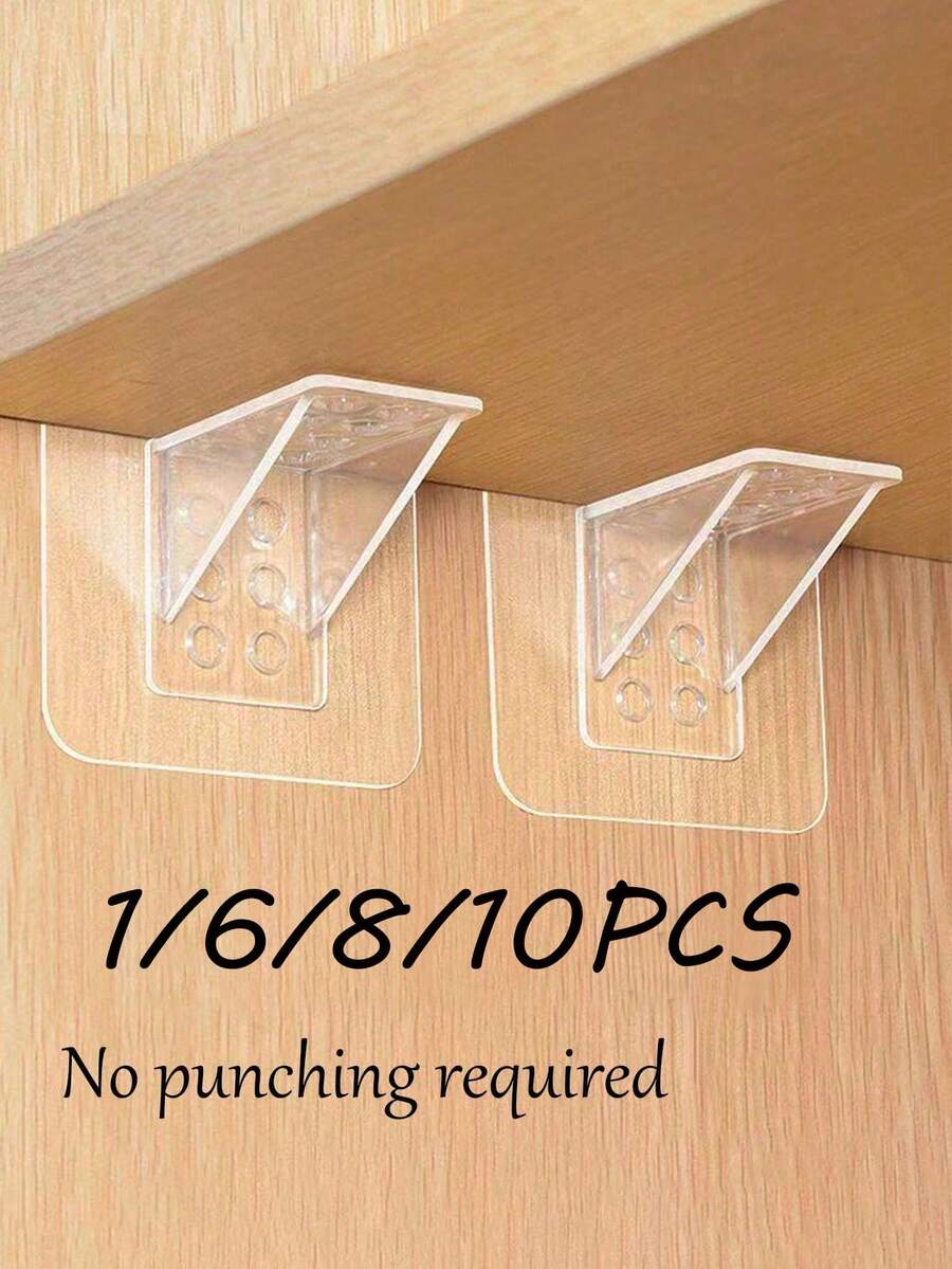 10/8/6/1pc No-Drill Partition Brackets, Wardrobe Cabinet Layered Shelf Brackets, Triangular Brackets, Bookshelf Layered Brackets, Seamless Installation, Adjustable Telescopic Brackets, Glass Layered Shelf Brackets Dedicated - Clear - View 1