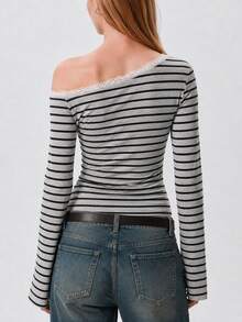Women's Casual Striped Asymmetrical Shoulder Top With Lace Patchwork, Single Strap, Ruched Waist And Flared Sleeves - Light Grey - View 4
