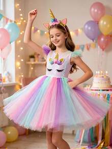 Young Girl Unicorn Colorful Tulle Dress With Unicorn Headband Set - Multicolor - View 5