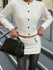 Women's 2 Pieces Knit Outfit Set, Button Front Long Sleeve Cardigan & Bodycon Mini Skirt, Soft Slim Fit Co-Ord For Petite Fall Winter - Apricot - View 5