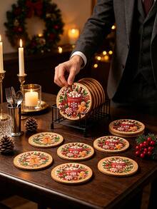 12/6pcs Set Christmas Gingerbread Man Theme Wooden Coaster Set - Christmas Gingerbread Man Design, Perfect For Home, Office, Cafe Or Tea Room Decoration And Holiday Table Setting | Holiday Coasters | Wooden Coasters, Desktop Protection Pads, Perfect Gift Choice, Home Bar Essential, Christmas Table Decor - View 2
