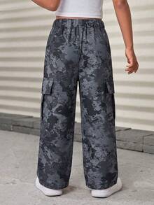 Girls' American Style Grey Camouflage Cargo Casual Wide Leg Pants, Street Dance Versatile Woven Long Pants - Black - View 3