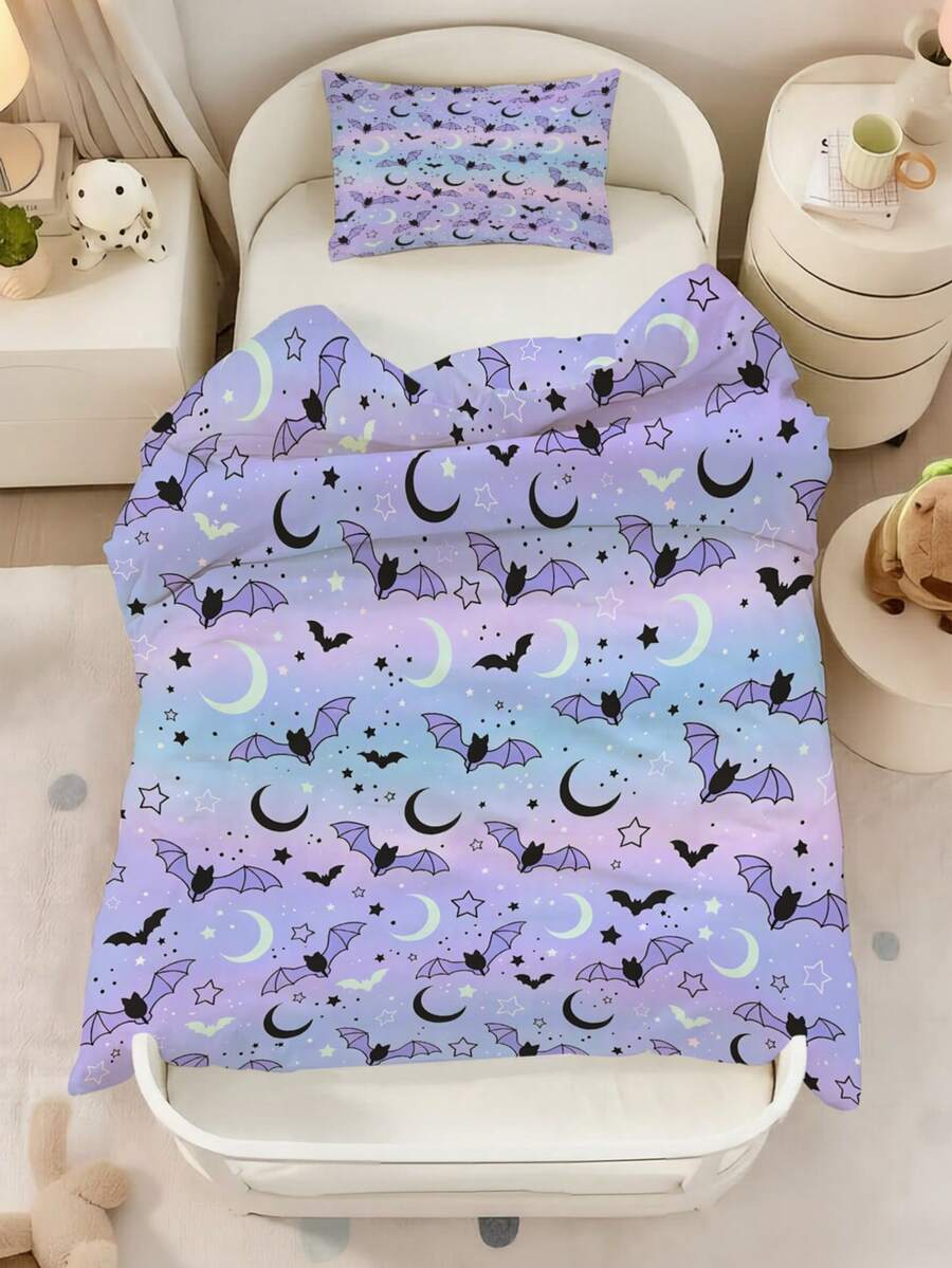 2PCS Gradient Purple Blue Halloween Bat Duvet Cover Set For Children Beds Crib Giving Gifts During Holidays (No Filling Material) 100% Polyester - Multicolor - View 1