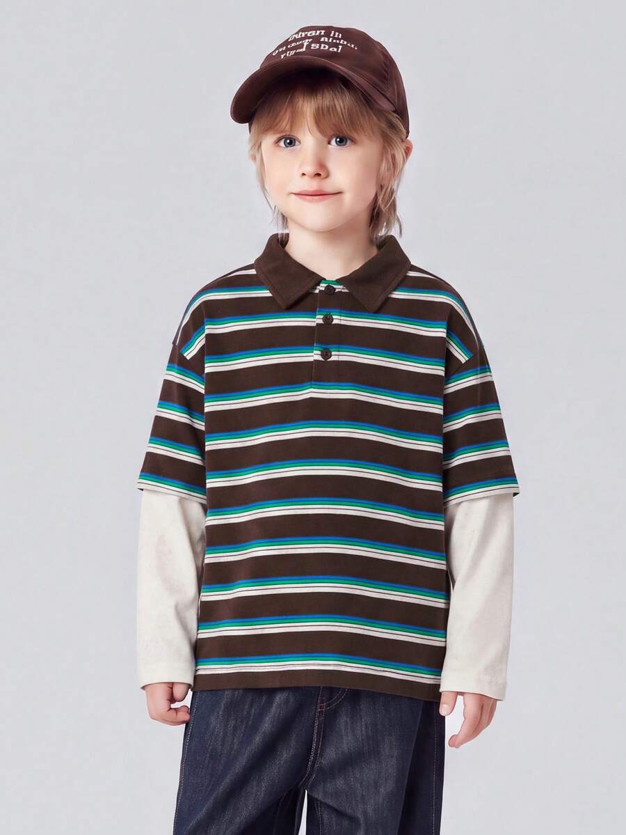 mini bala Autumn Unisex Kids 2 In 1 Polo Tee Striped Collar Stylish Versatile Long Sleeve Top - Red and Blue Hues - View 1