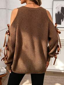 Sweater Lengan Panjang Model Bahu Terbuka dengan Kerah Bulat dan Pita, Warna Polos Ukuran Besar, Kasual - Coklat - View 2