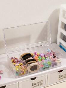1pc 4-Compartment Hair Accessory Storage Box, Divided Hair Ties Hair Clips Hair Bands Organizer Box, Desktop Jewelry Divided Storage Container, Dust-Proof Transparent Visible Hair Accessory Storage Box With Lid, Hair Accessory Organizer Box, Hair Accessory Storage Container, Hair Ties, Hair Clips, Hair Bands Divided Organizer Box - Clear - View 1