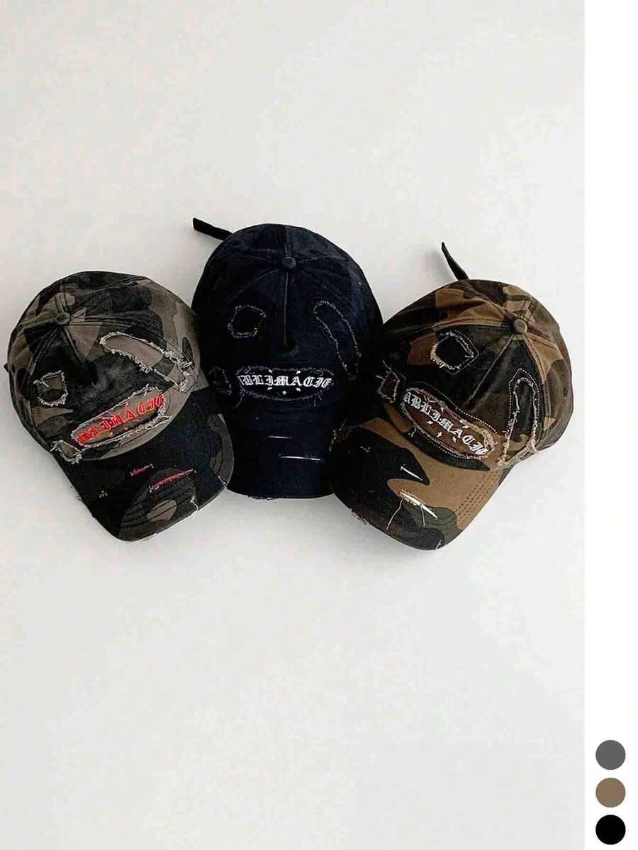 1件軟頂做舊棒球帽，復古Y2K迷彩女款棒球帽，戶外旅行遮陽帽，3D刺繡小眾設計，做舊破洞深頂棒球帽，修臉效果，春夏街頭嘻哈時尚棒球帽，美式戶外工裝甜酷辣穿搭，迷彩鴨舌帽女款，復古品牌修臉棒球帽