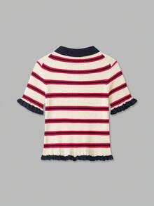 Se-Helo Women's Autumn/Winter Red, White, Navy Blue Horizontal Striped Peter Pan Collar Ruffle Short Sleeve Cropped Knit Cardigan - Multicolor - View 3