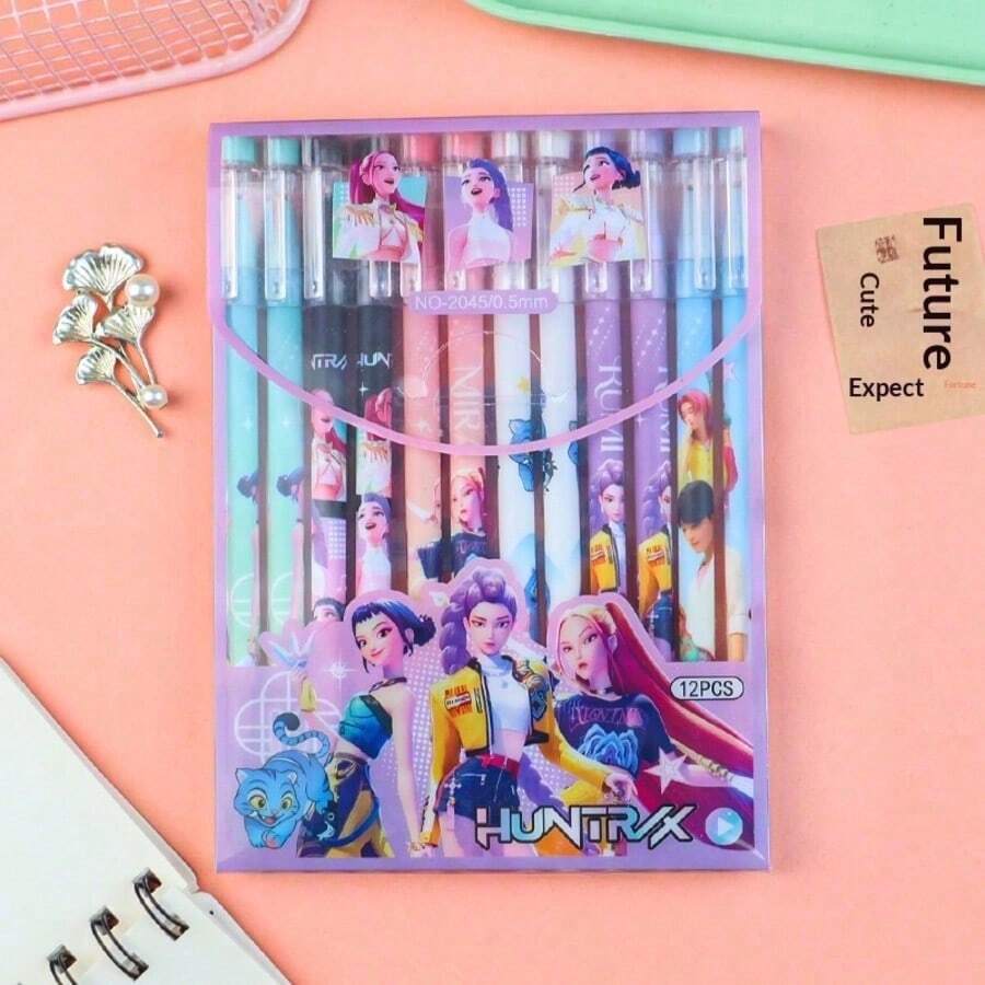 Hasbro 12 buah/kotak pulpen gel yang dapat dihapus bertema girl group K-POP Demon Hunter, desain kartun yang menyenangkan, tulisan halus, mudah dihapus dengan bersih, tampilan stylish, cocok untuk menulis sehari-hari dan dekorasi meja, kemasan kotak hadiah yang indah, sempurna untuk koleksi penggemar, dukungan, dan hadiah liburan. - Pulpen yang ditingkatkan - View 1