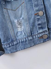 Girls' Distressed Frayed Washed Denim Jacket, Spring/Autumn Versatile Casual Cardigan - Medium Wash - View 5