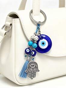Evil Eye Hamsa Hand Keychain, Turkish Blue Evil Eye Beaded Key Ring, Lucky Protection Amulet Pendant, Car Key Bag Charm, Spiritual Good Luck Gift - Multicolor - View 5