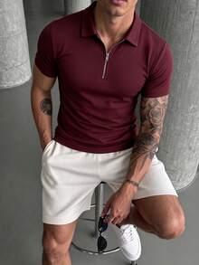 Kaos Lengan Pendek Pria Kasual Warna Polos dengan Resleting, Musim Panas - Redwood - View 7