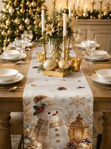 Christmas Table Runner, Throw Pillow, Placemat, Vintage Gold Tone Snowman Lantern Pine Cone Snowflake Holly Print, Kitchen Dining Room Holiday Tabletop Decor - Multicolor - View 1