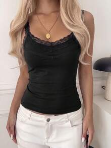 SCARLUX Summer & Autumn Y2K Women's Basic Lace Patchwork V-Neck Camisole, Slim Fit, Suitable For Back To School Season Casual Daily Wear Black - Black - View 4