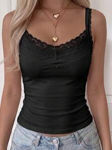 SCARLUX Summer & Autumn Y2K Women's Basic Lace Patchwork V-Neck Camisole, Slim Fit, Suitable For Back To School Season Casual Daily Wear Black - Black - View 3