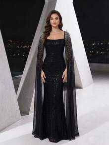 YISIKADO Rhinestone Chiffon Shawl Sequin Formal Evening Gown Wedding Party Banquet Elegant Women's Dress - Black - View 4