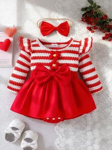 Sött 2-delat set för babyflicka, röd- och vitrandig 2-i-1-bodysuit med 3D-blomrosett, patchwork och colorblock, öppen gren och skort + röd rosetthårband - Röd - Visa 1