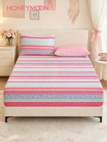 HONEYMOON 1pc Printed Fitted Sheet - 100% Polyester Fabric Colorful Striped Print Mattress Cover, Fits 9-12 Inch Deep Pocket, Wrinkle-Resistant - T F Q K Sizes Suitable For Home And Dorm - Multicolor - View 1