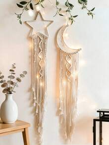 2pcs Handmade Crochet Lace Star Moon Dream Catcher Wall Hanging, Boho Style Home Decor Wall Art, Suitable For Home, Wedding, Living Room, Bedroom, Holiday Gift (Lights Not Included) - Beige - View 8