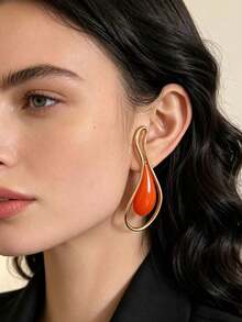 1 Pair Exaggerated Geometric Asymmetrical Burgundy Oil Drop Stud Earrings - Gold + Orange - View 4
