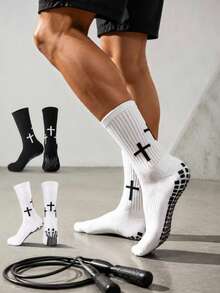 1/5/10 Pairs Cross Print Non-Slip Bottom Mid-Calf Sports Socks, Unisex Autumn Professional Socks With Silicone Anti-Slip Wear-Resistant Breathable Street Style Training Casual Long Socks - Men's Socks, Gift For Men, White Socks, Women's Socks, Black Socks, Long Socks, Halloween, Super Great Socks, Christmas, Christmas Gift, Winter - Multicolor - View 4