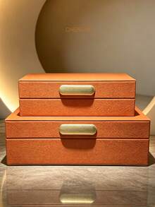 1 Set Lychee Textured PU Jewelry Box With Lid, Large Capacity Jewelry Storage Box, Zinc Alloy Decorative Lid, Soft Touch Home Jewelry Organizer, Modern Home Jewelry Storage Box, Luxury Gift Jewelry Box - Peach Pink - View 15