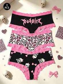 3pcs/Set Women Lace Panty With Leopard, Skull, Letter Print In Pink Design - Pink - View 1