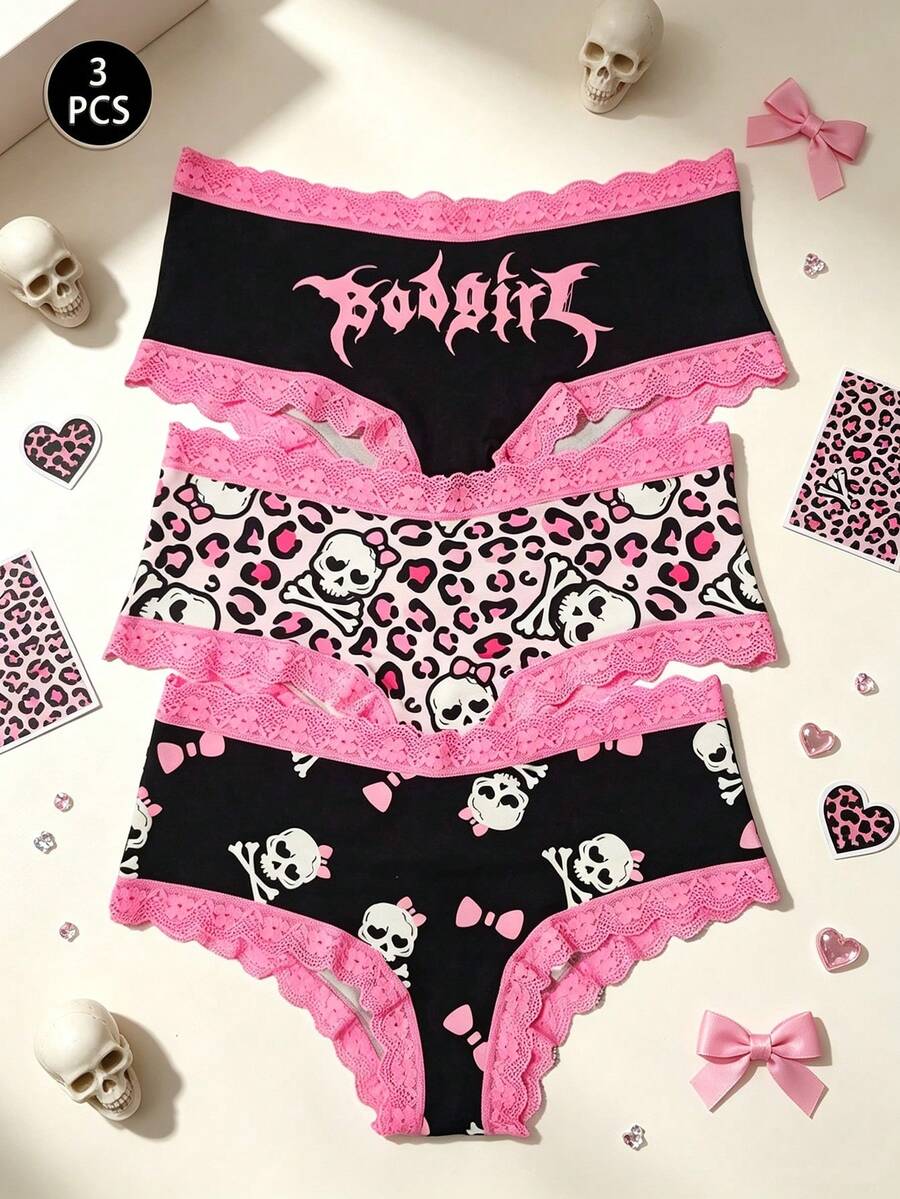 3pcs/Set Women Lace Panty With Leopard, Skull, Letter Print In Pink Design - Pink - View 1
