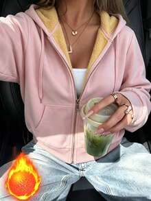 Women's Pink Warm Lined Hooded Zip-Up Jacket, Autumn/Winter Casual Long Sleeve Drawstring Pocket Sweatshirt - Pink - View 3