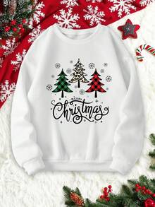 女款聖誕套裝，舒適居家服，格子豹紋聖誕樹 Merry Christmas 圖案運動衫，休閒家居服，適合聖誕節及秋冬穿著 - 白色 - 查看 4