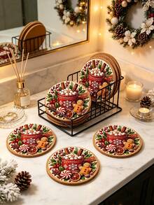 12/6pcs Set Christmas Gingerbread Man Theme Wooden Coaster Set - Christmas Gingerbread Man Design, Perfect For Home, Office, Cafe Or Tea Room Decoration And Holiday Table Setting | Holiday Coasters | Wooden Coasters, Desktop Protection Pads, Perfect Gift Choice, Home Bar Essential, Christmas Table Decor - View 3